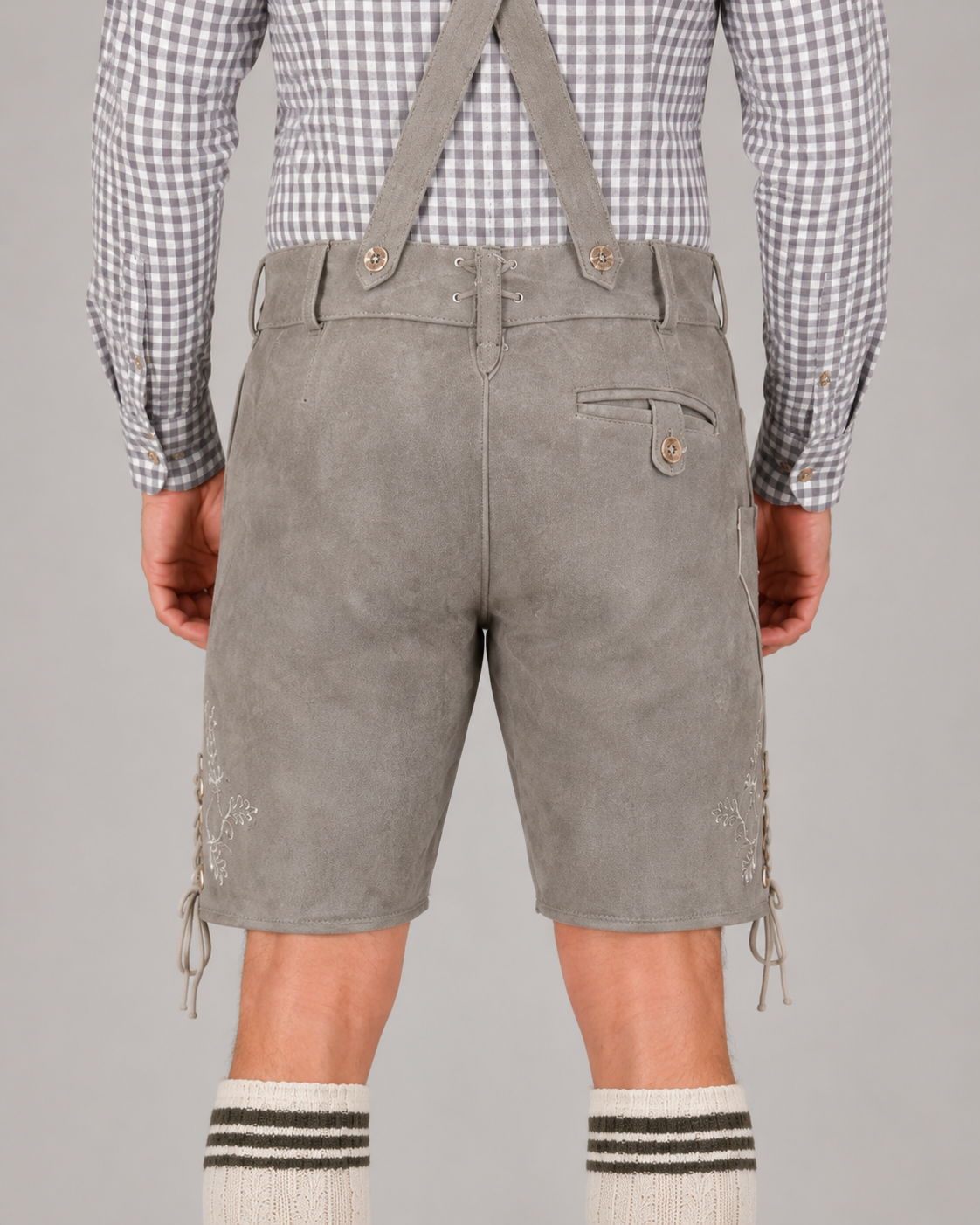 Edelweiss Embroidered Men's Bavarian Lederhosen - Grey - Side Lacing - image 6