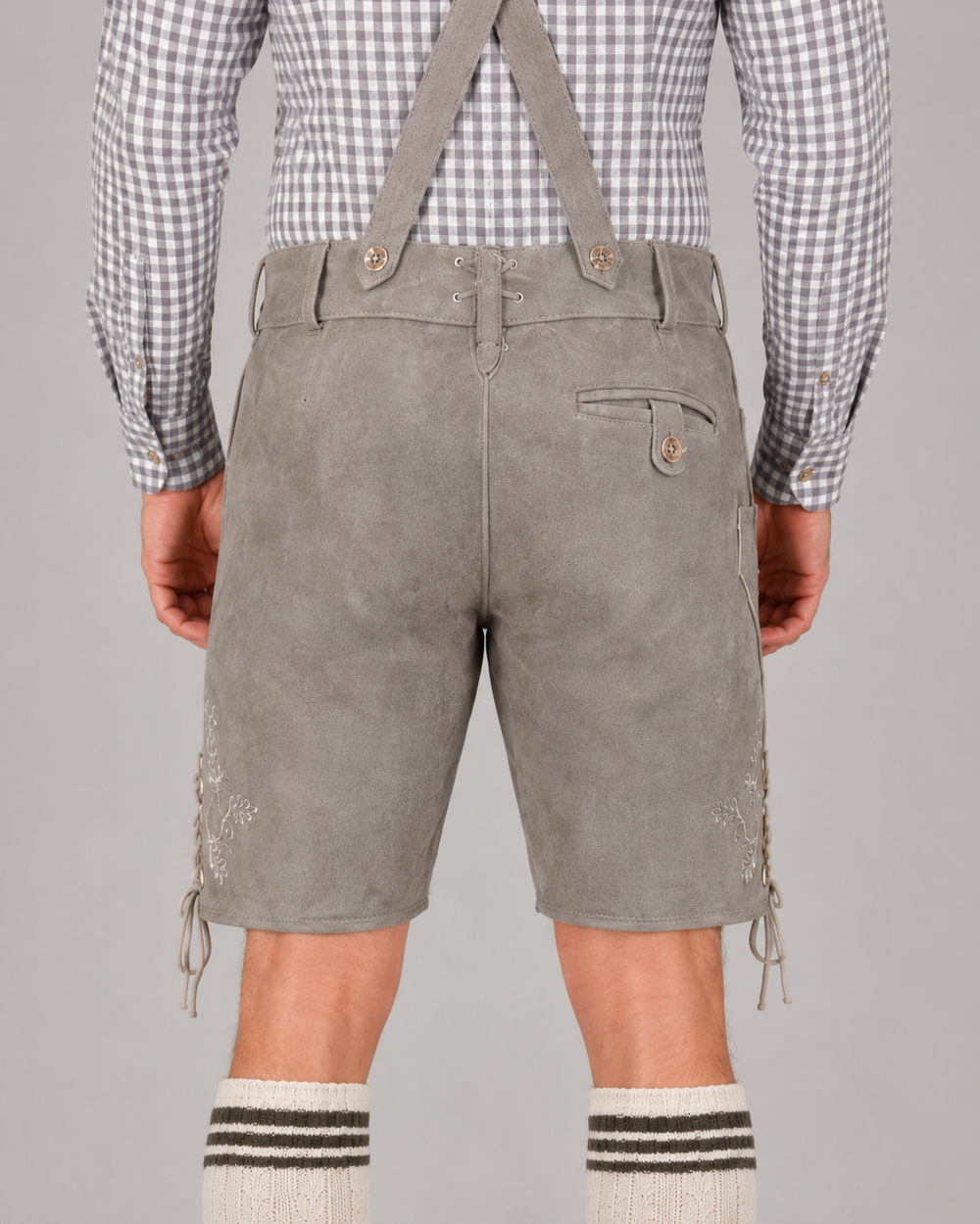 Edelweiss Embroidered Men's Bavarian Lederhosen - Grey - Side Lacing - image 6