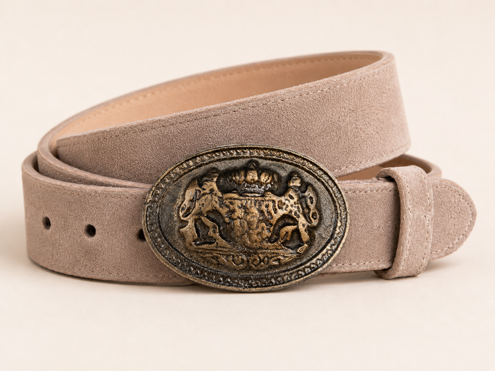 Men's Light Taupe Suede Bavarian Lederhosen Belt - Crowned Bavarian Lion Crest Oval Buckle - product image 3