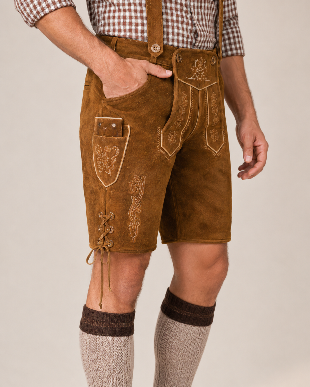 Oak Leaf Embroidered Men's Bavarian Lederhosen - Rustic Brown - Side Lacing - image 6