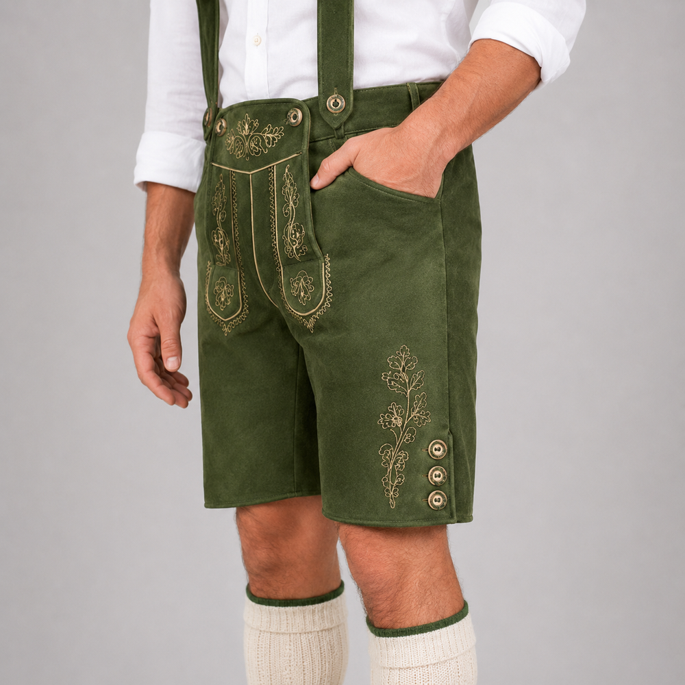 Oak Leaf Embroidered Men's Bavarian Lederhosen - Green - Side Buttons - image 6