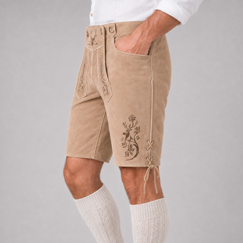 Stag Embroidered Men's Bavarian Lederhosen - Tan/Beige - Side Lacing - image 6