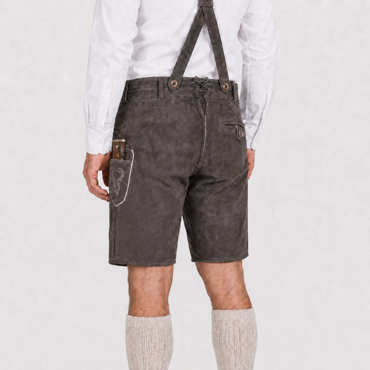 Stag Embroidered Men's Bavarian Lederhosen - Grey - Side Buttons - product image 5