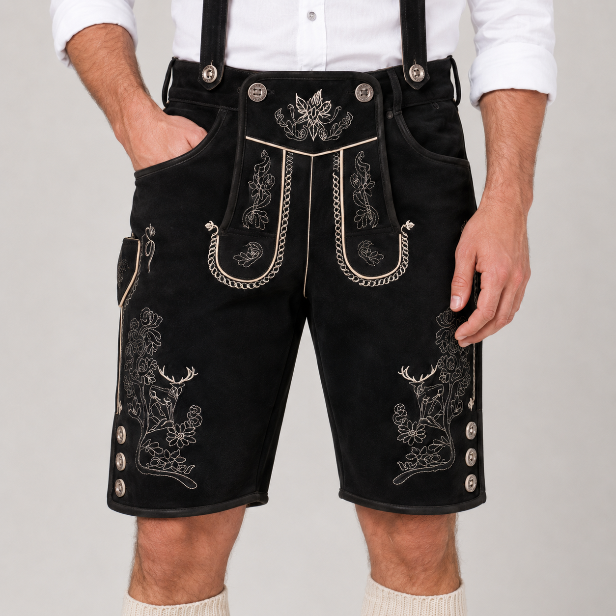 Edelweiss Embroidered Men's Bavarian Lederhosen - Black - Side Buttons - image 6