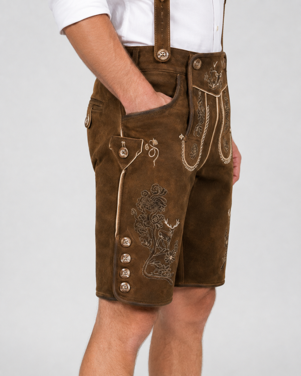 Oak Leaf Embroidered Men's Bavarian Lederhosen - Rustic Brown - Side Buttons - image 6