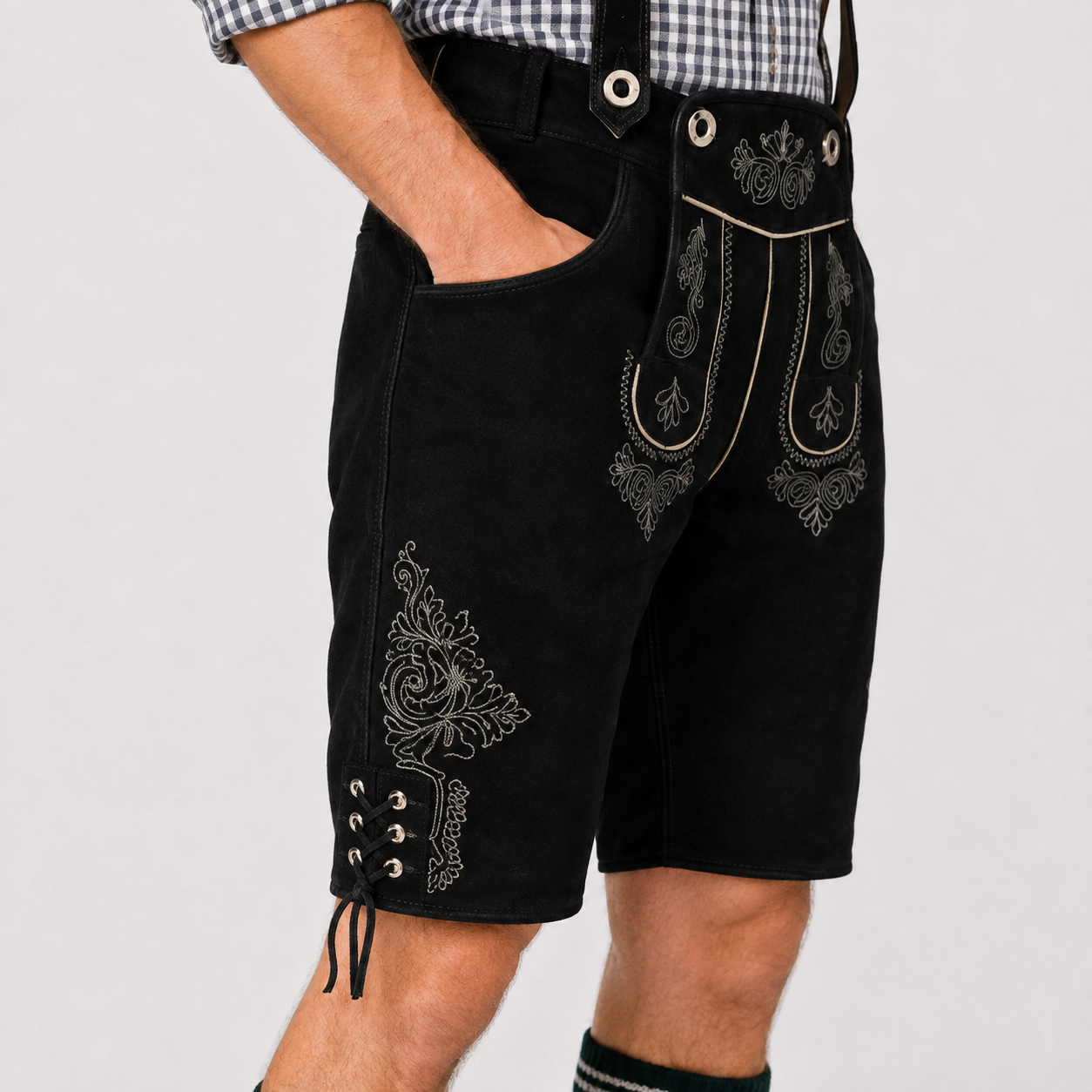 Oak Leaf Embroidered Men's Bavarian Lederhosen - Black - Side Lacing - image 6