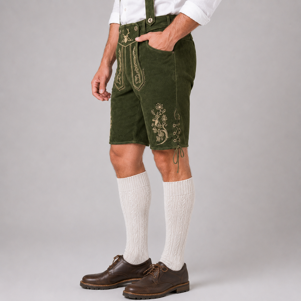 Stag Embroidered Men's Bavarian Lederhosen - Green - Side Lacing - image 6