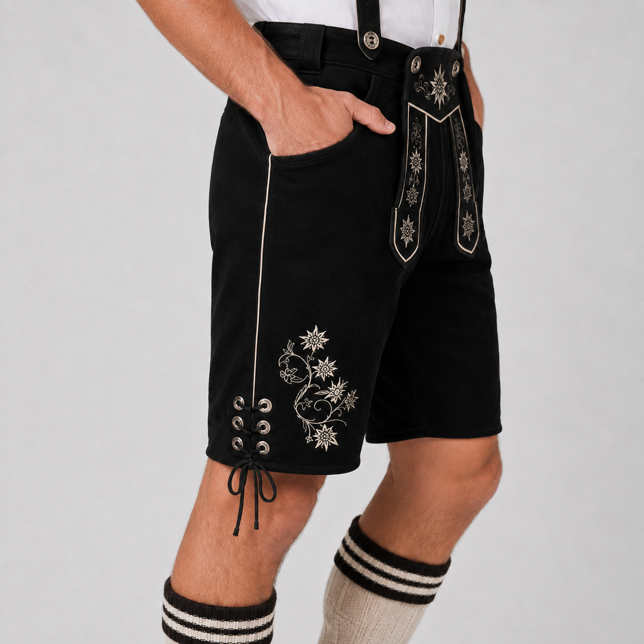 Edelweiss Embroidered Men's Bavarian Lederhosen - Black - Side Lacing - image 6
