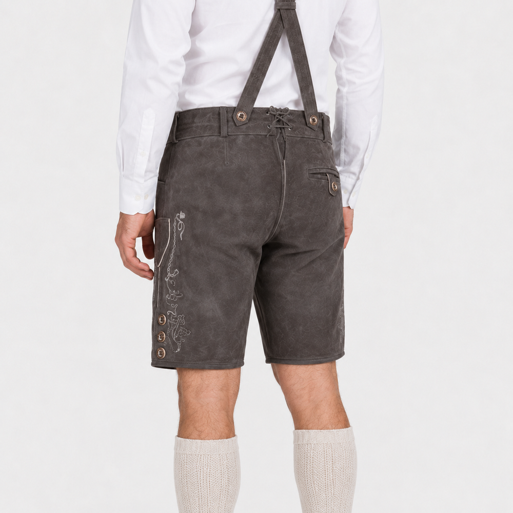Stag Embroidered Men's Bavarian Lederhosen - Grey - Side Buttons - image 6