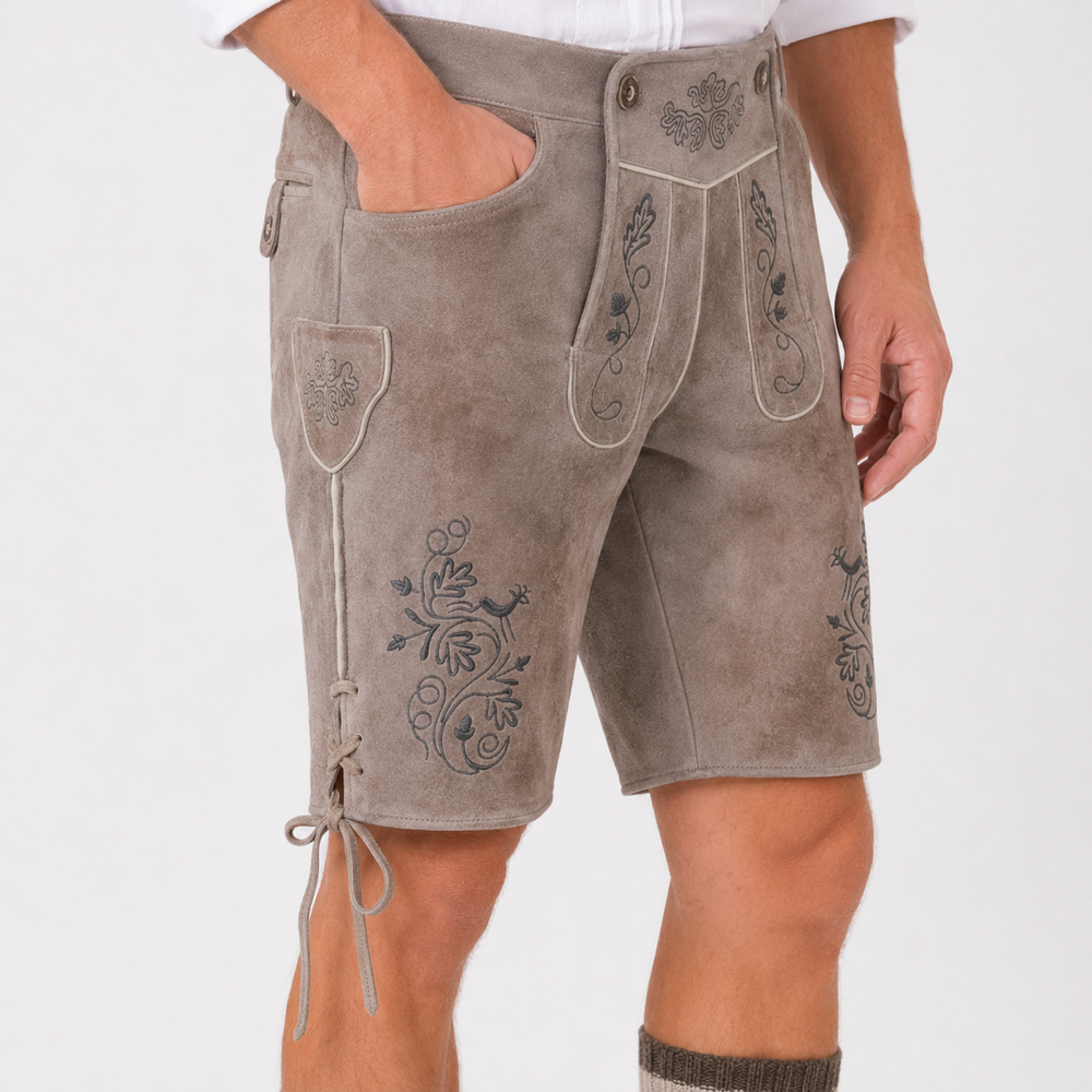 Oak Leaf Embroidered Men's Bavarian Lederhosen - Grey - Side Lacing - image 6