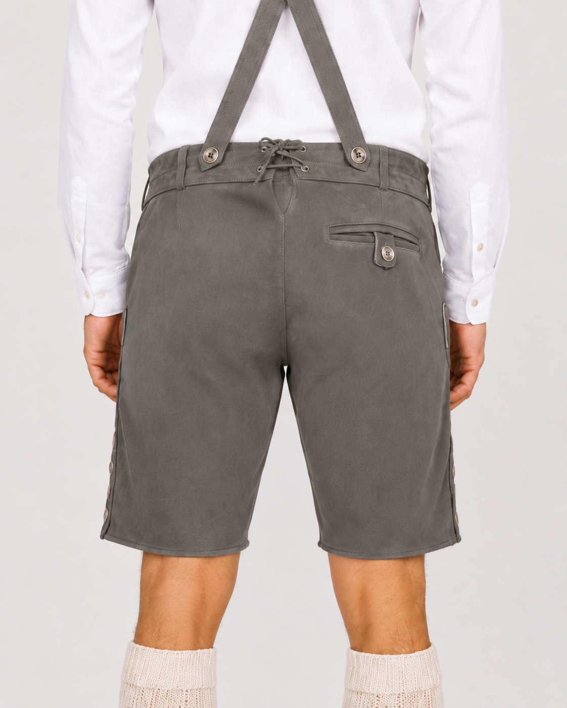 Oak Leaf Embroidered Men's Bavarian Lederhosen - Grey - Side Buttons - image 6