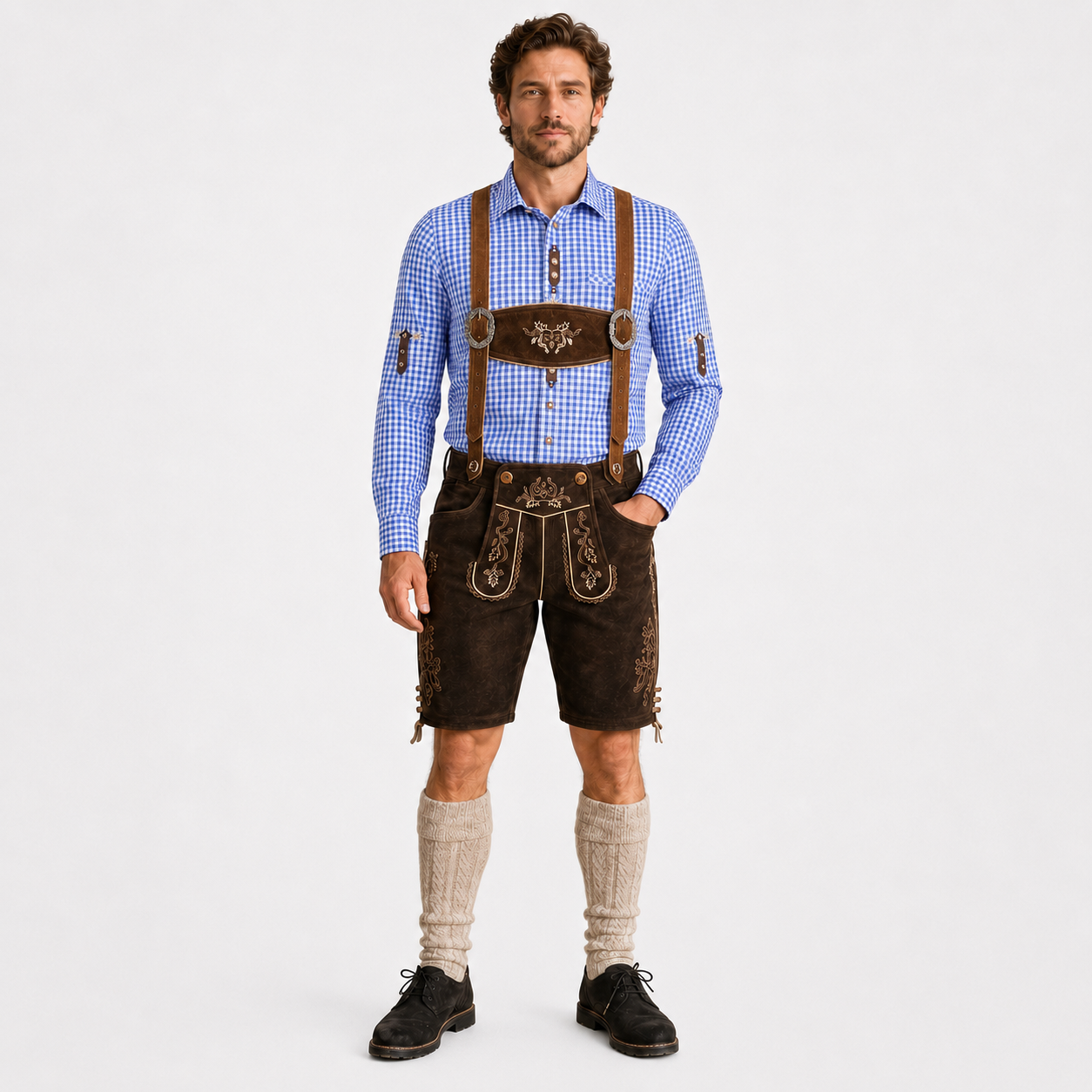 Men's Blue & White Checkered Bavarian Oktoberfest Shirt - Roll-Up Sleeve - image 6