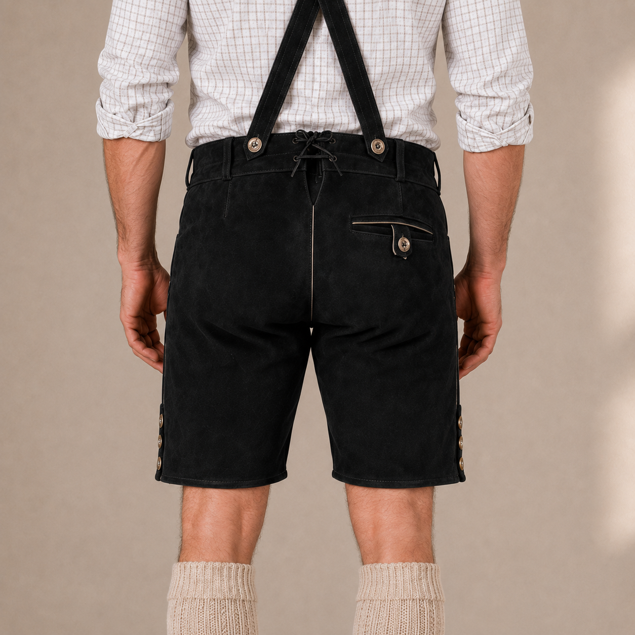 Stag Embroidered Men's Bavarian Lederhosen - Black - Side Buttons - product image 6