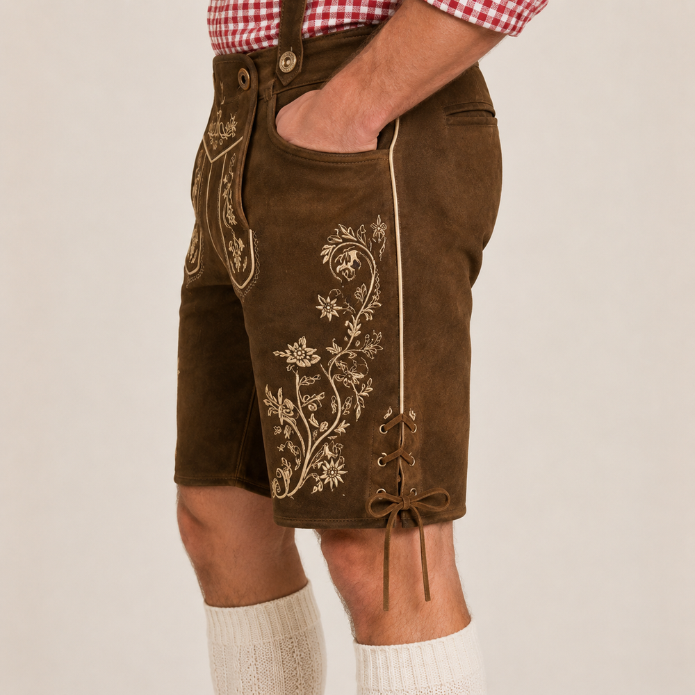 Stag Embroidered Men's Bavarian Lederhosen - Rustic Brown - Side Lacing - image 6