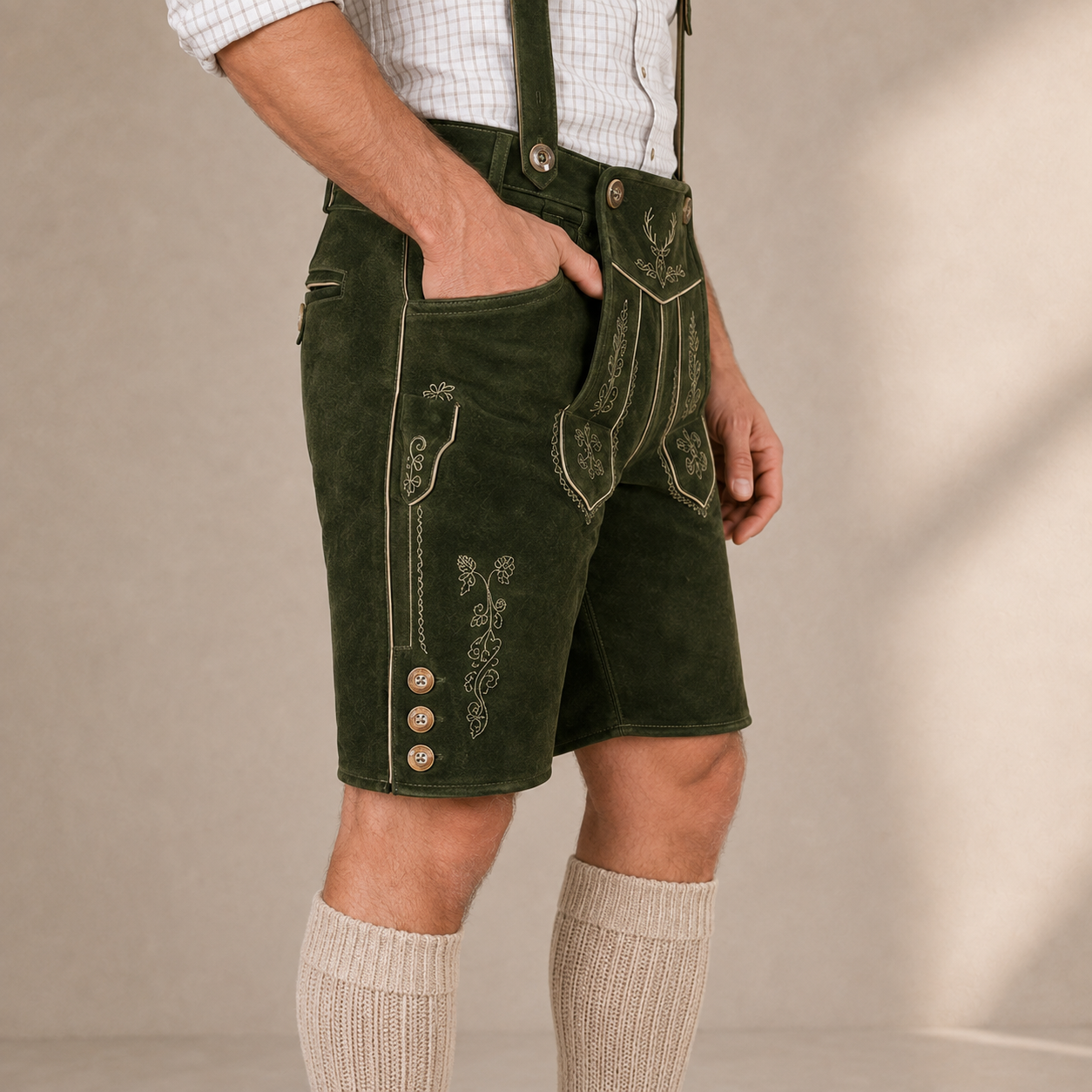 Stag Embroidered Men's Bavarian Lederhosen - Green - Side Buttons - image 6