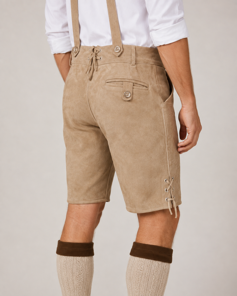 Oak Leaf Embroidered Men's Bavarian Lederhosen - Tan/Beige - Side Lacing - image 6