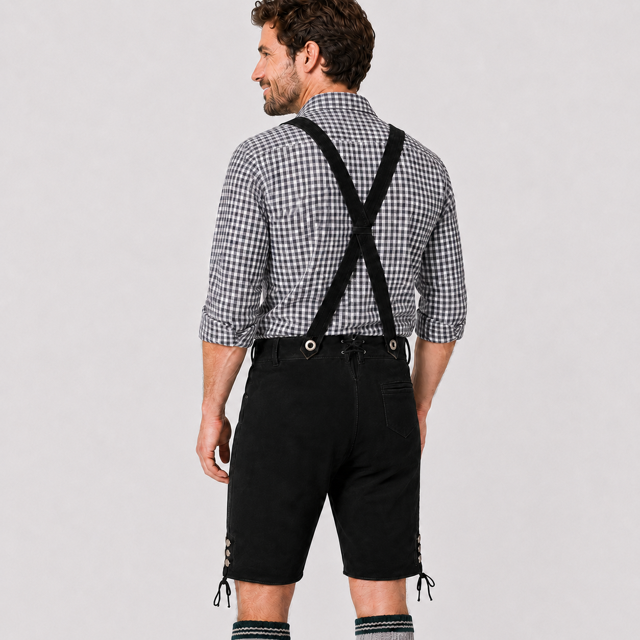 Oak Leaf Embroidered Men's Bavarian Lederhosen - Black - Side Lacing