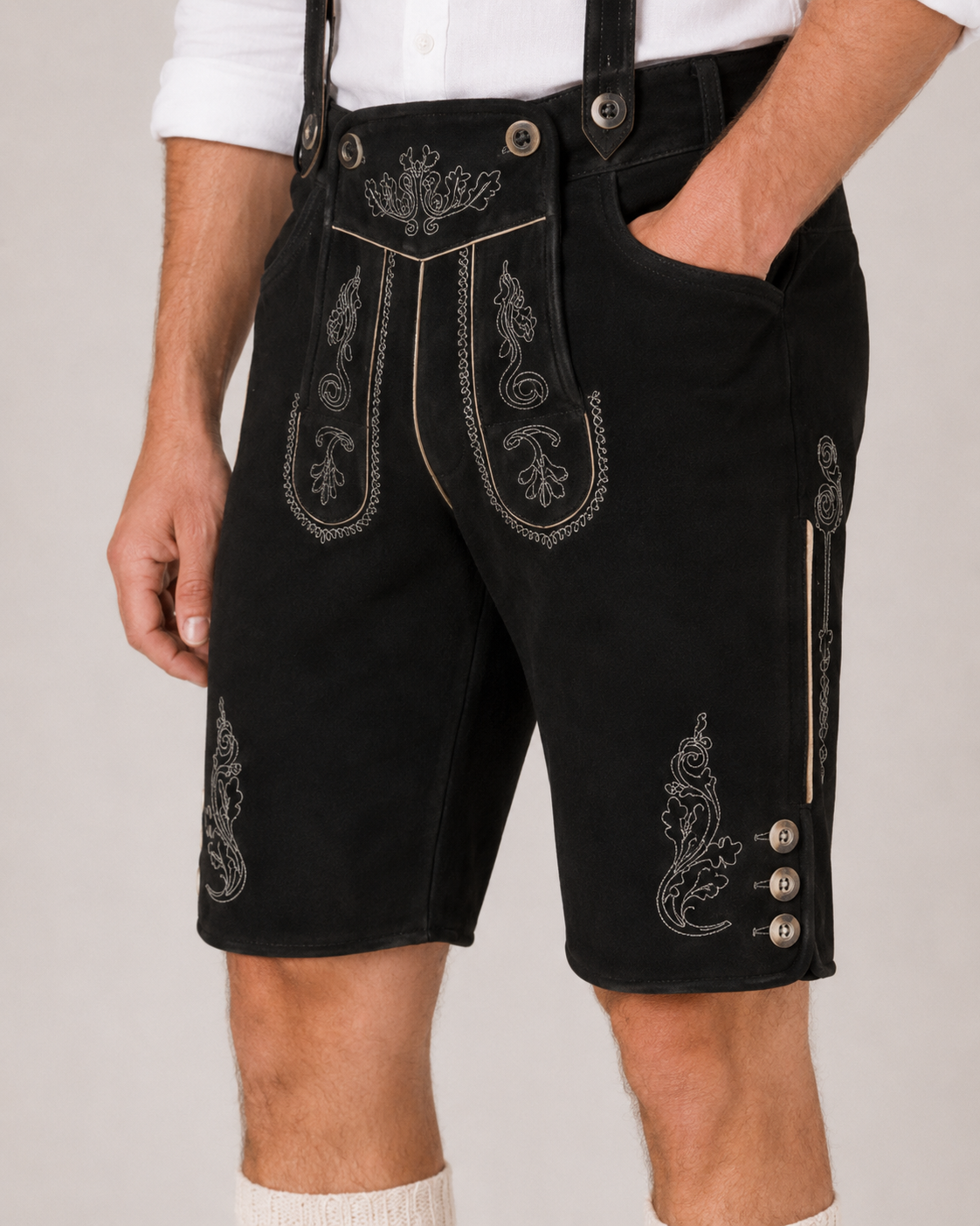 Oak Leaf Embroidered Men's Bavarian Lederhosen - Black - Side Buttons - image 6