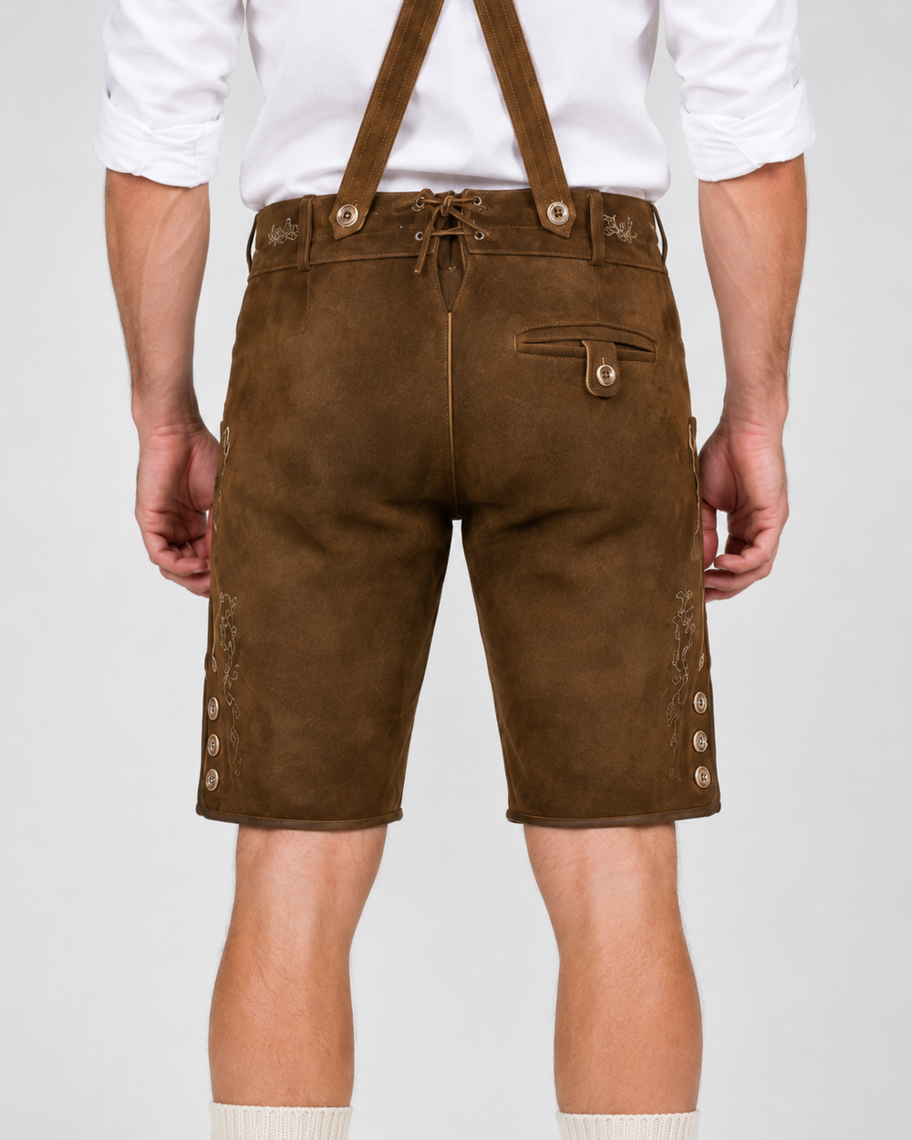 Oak Leaf Embroidered Men's Bavarian Lederhosen - Rustic Brown - Side Buttons - image 7