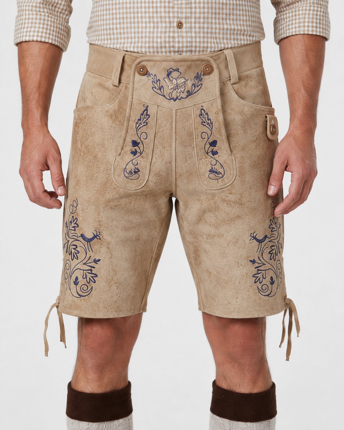 Edelweiss Embroidered Men's Bavarian Lederhosen - Tan/Beige - Side Lacing - image 7