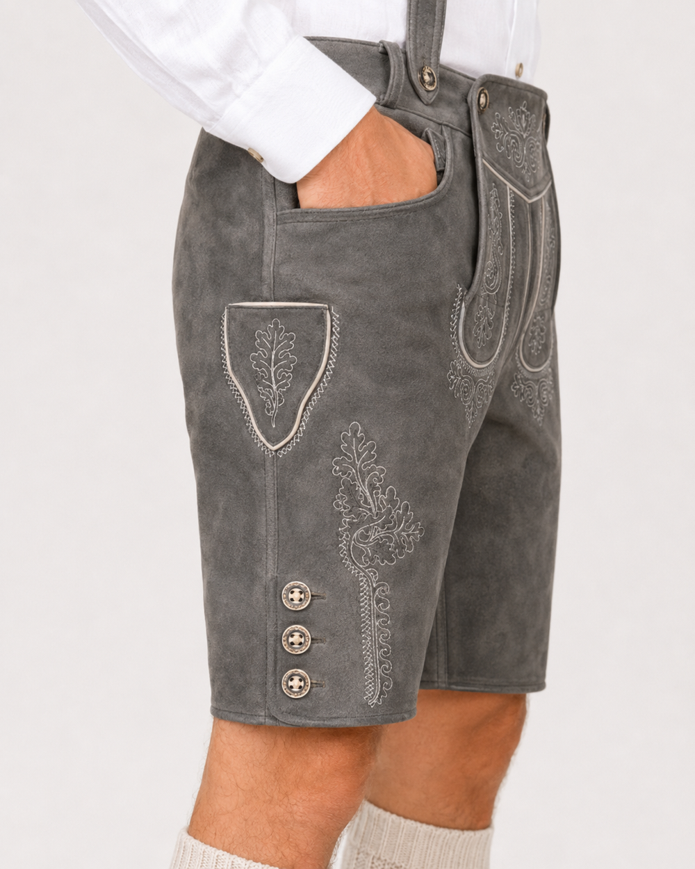 Oak Leaf Embroidered Men's Bavarian Lederhosen - Grey - Side Buttons - image 7