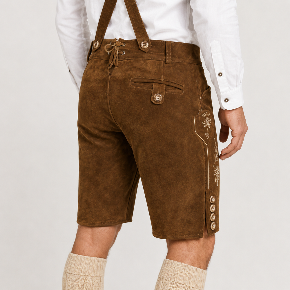 Edelweiss Embroidered Men's Bavarian Lederhosen - Rustic Brown - Side Buttons - image 7