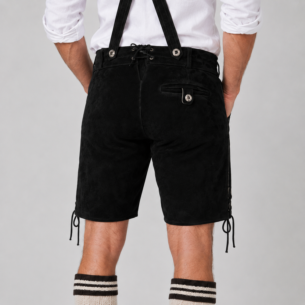 Edelweiss Embroidered Men's Bavarian Lederhosen - Black - Side Lacing - image 7