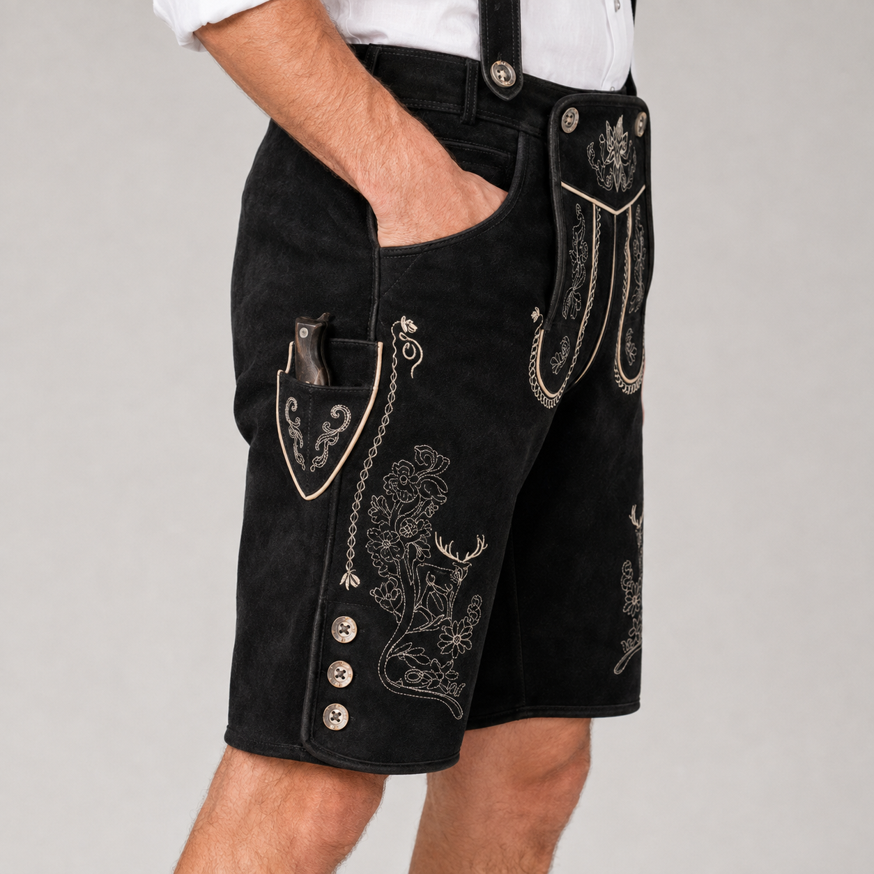 Edelweiss Embroidered Men's Bavarian Lederhosen - Black - Side Buttons - image 7