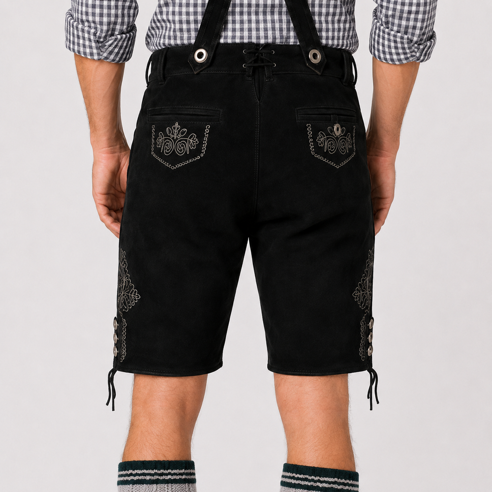 Oak Leaf Embroidered Men's Bavarian Lederhosen - Black - Side Lacing - image 7