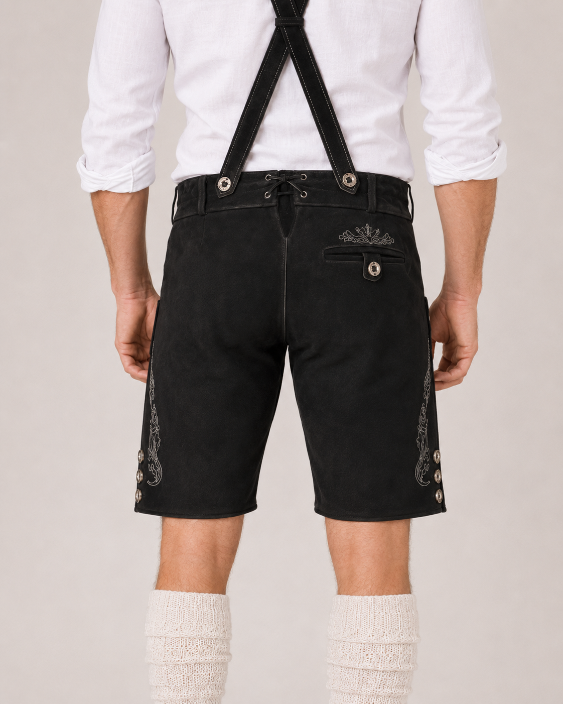 Oak Leaf Embroidered Men's Bavarian Lederhosen - Black - Side Buttons - image 7