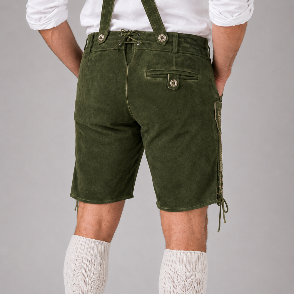 Stag Embroidered Men's Bavarian Lederhosen - Green - Side Lacing - image 7