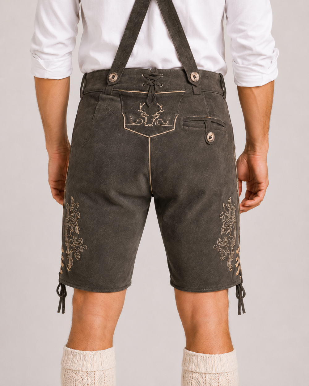 Stag Embroidered Men's Bavarian Lederhosen - Grey - Side Lacing - image 7