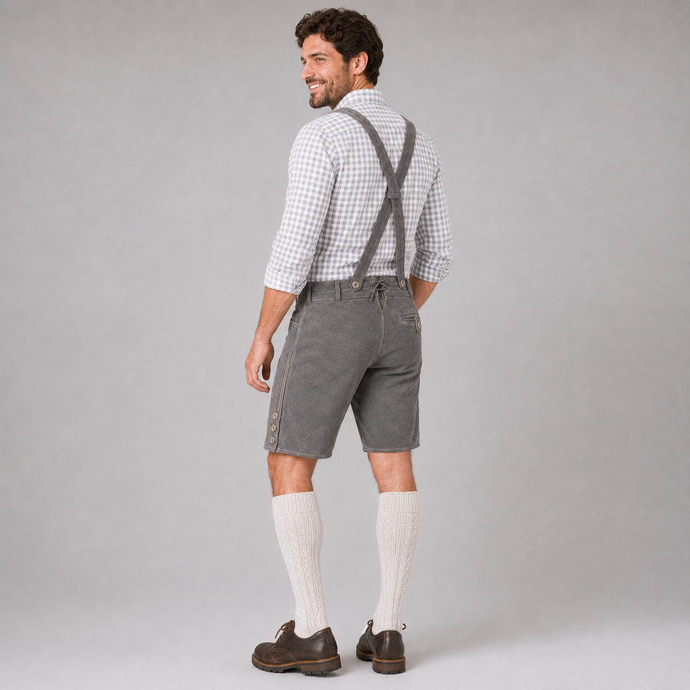 Stag Embroidered Men's Bavarian Lederhosen - Grey - Side Lacing - product image 7