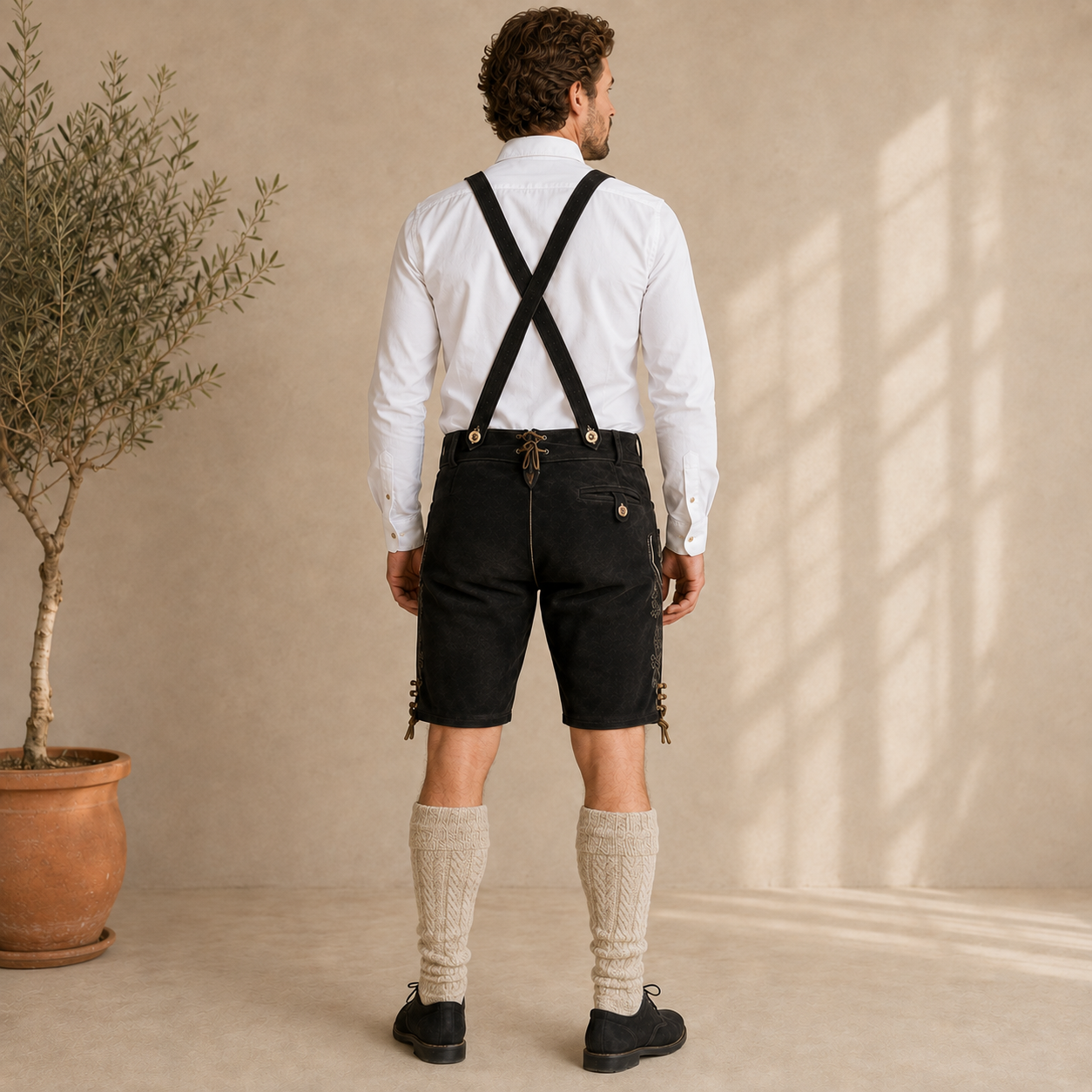 Stag Embroidered Men's Bavarian Lederhosen - Black - Side Buttons - image 7