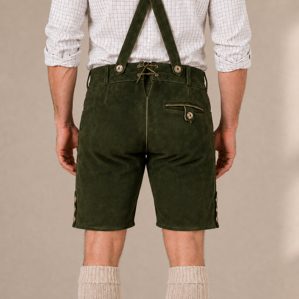 Stag Embroidered Men's Bavarian Lederhosen - Green - Side Buttons - image 7
