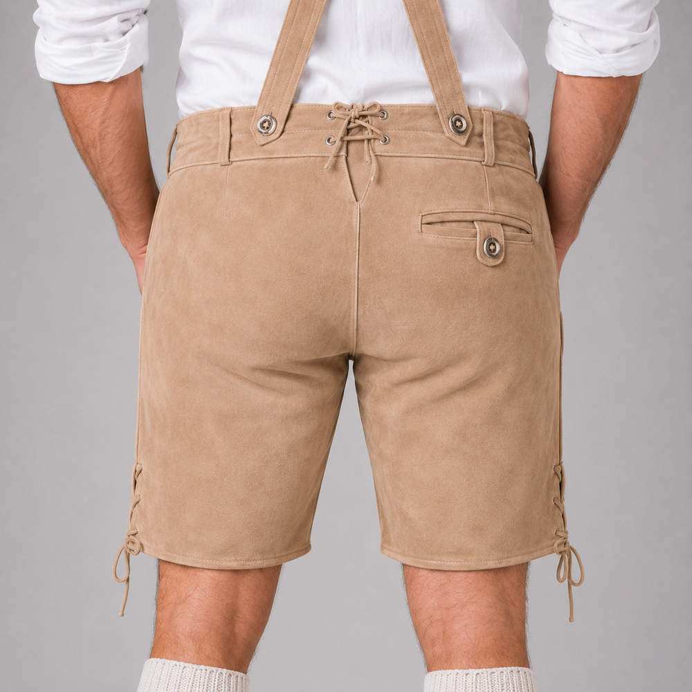 Stag Embroidered Men's Bavarian Lederhosen - Tan/Beige - Side Lacing - image 7