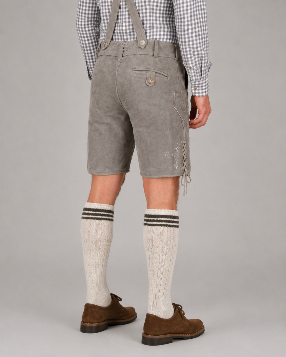 Edelweiss Embroidered Men's Bavarian Lederhosen - Grey - Side Lacing - image 7