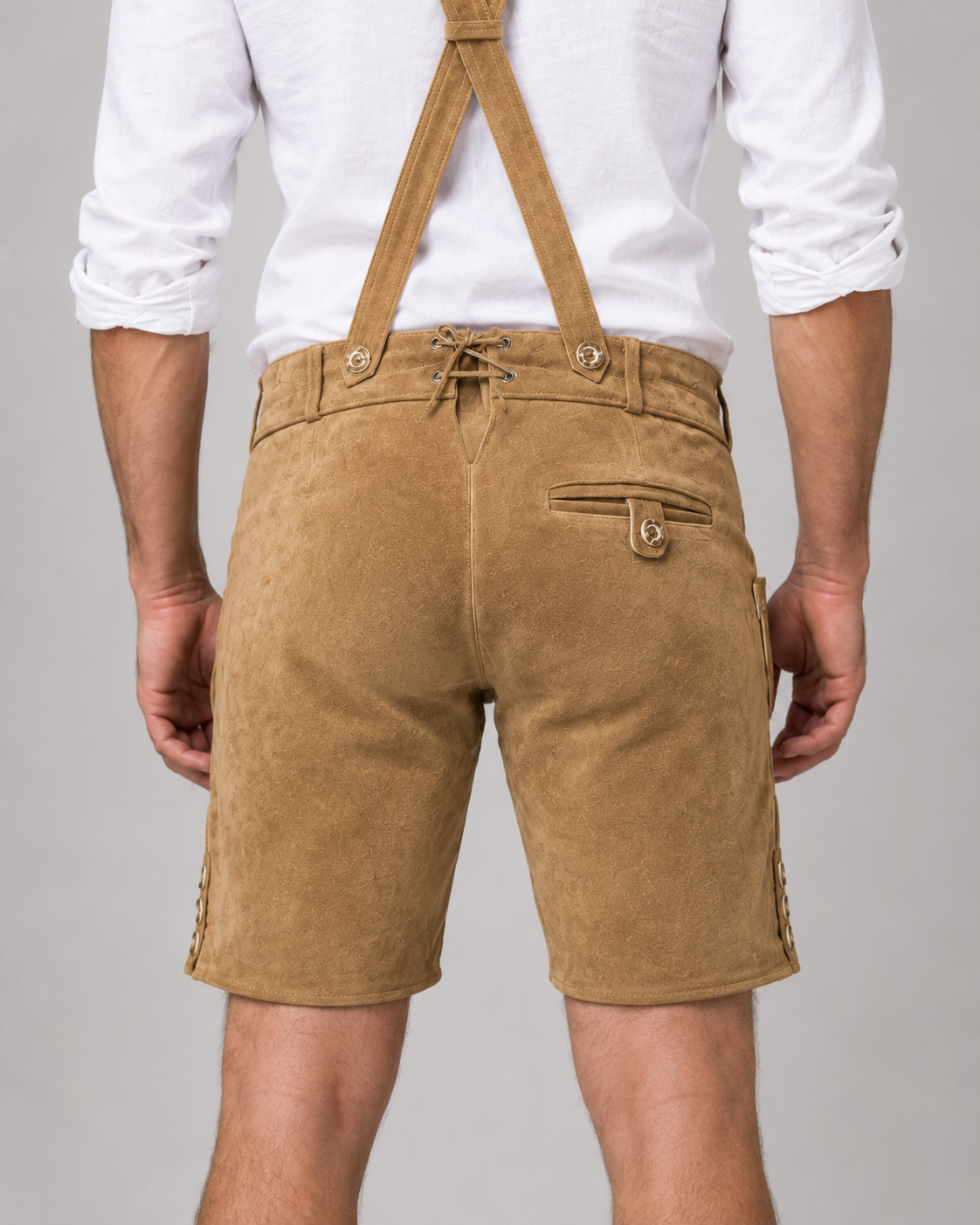 Oak Leaf Embroidered Men's Bavarian Lederhosen - Tan/Beige - Side Buttons - image 7