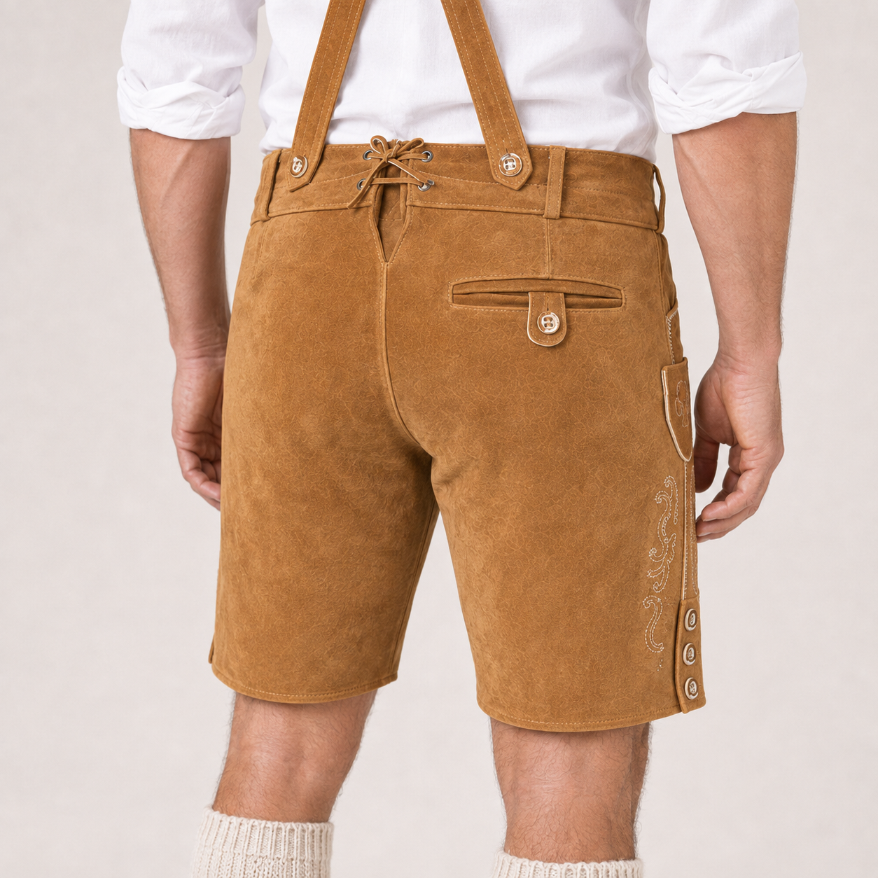 Stag Embroidered Men's Bavarian Lederhosen - Tan/Beige - Side Buttons - image 7