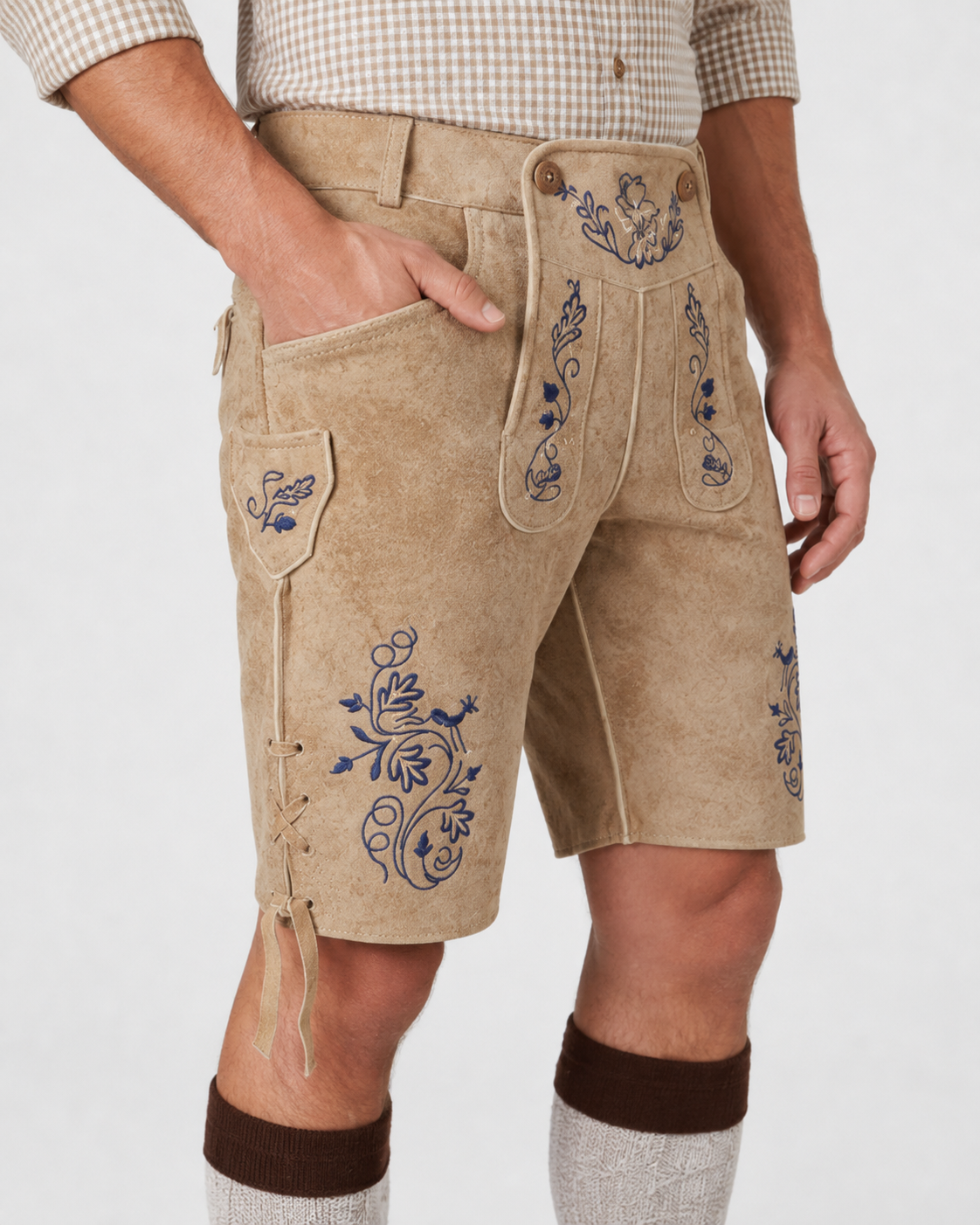 Edelweiss Embroidered Men's Bavarian Lederhosen - Tan/Beige - Side Lacing - image 8