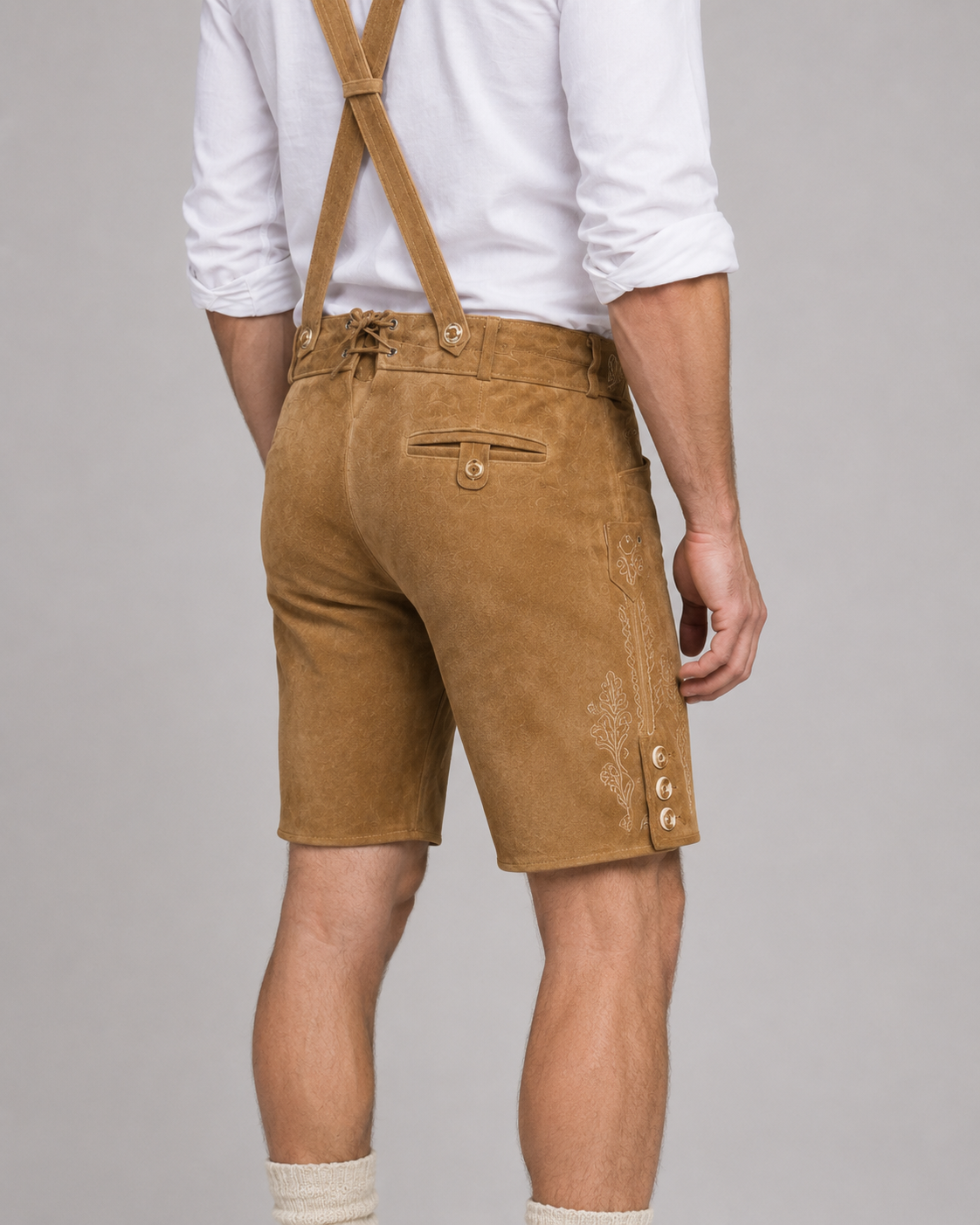 Oak Leaf Embroidered Men's Bavarian Lederhosen - Tan/Beige - Side Buttons - image 8