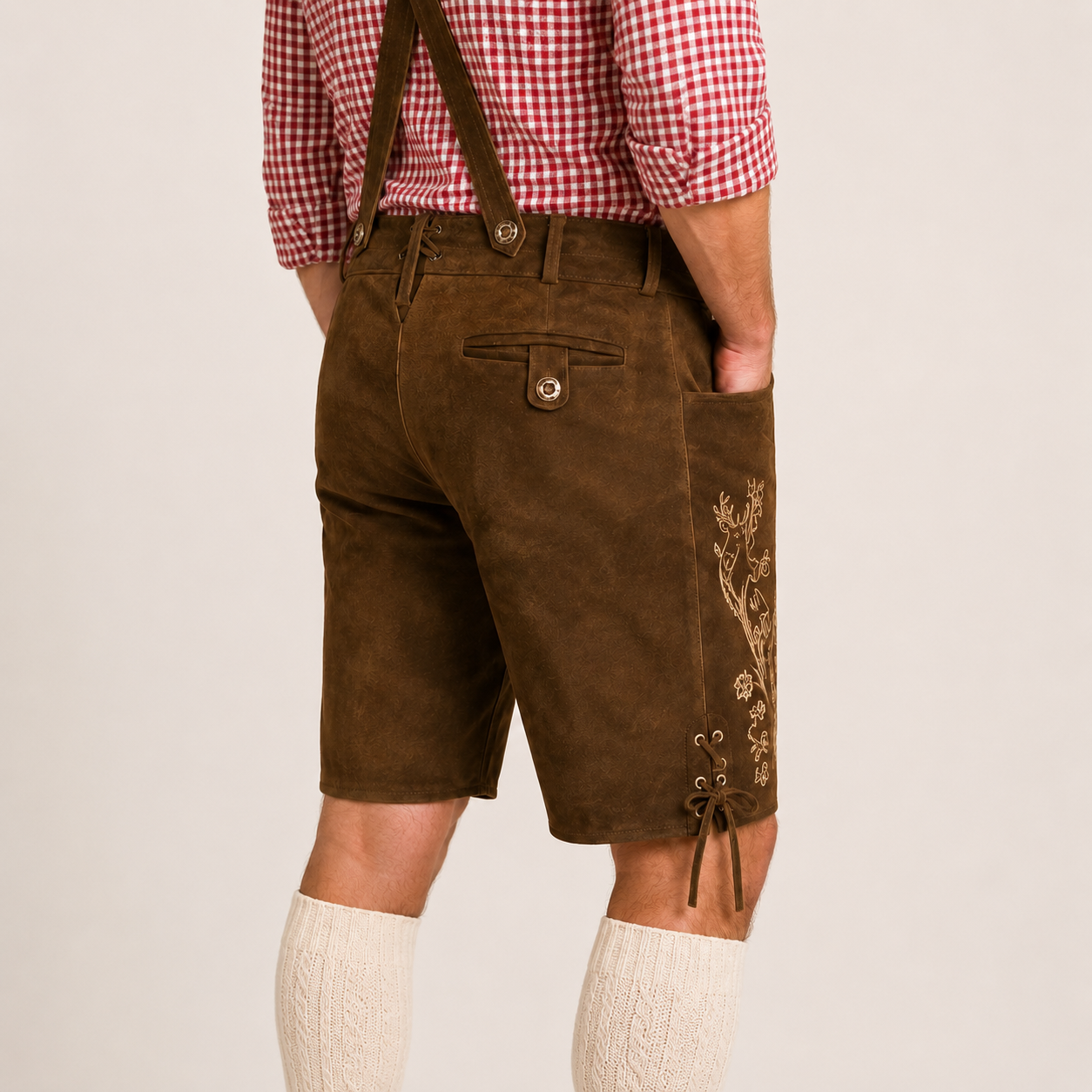 Stag Embroidered Men's Bavarian Lederhosen - Rustic Brown - Side Lacing - image 8
