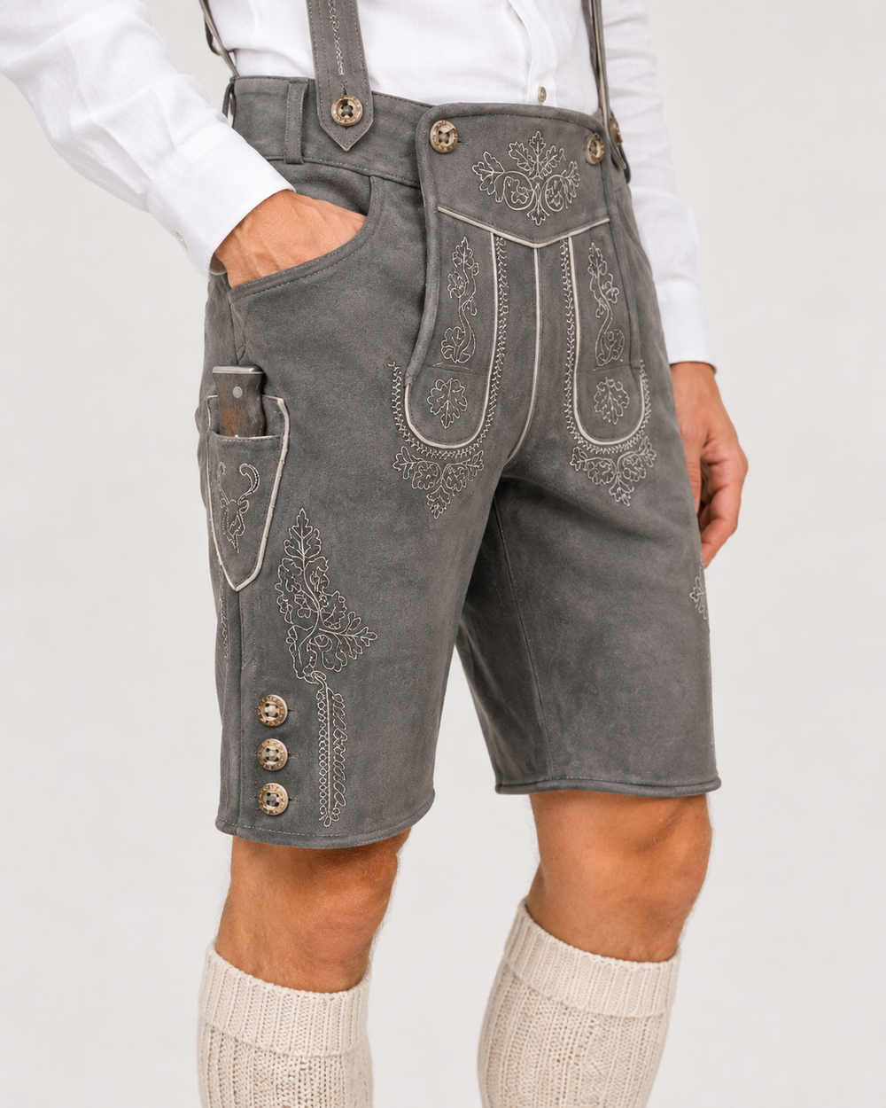 Oak Leaf Embroidered Men's Bavarian Lederhosen - Grey - Side Buttons - image 8