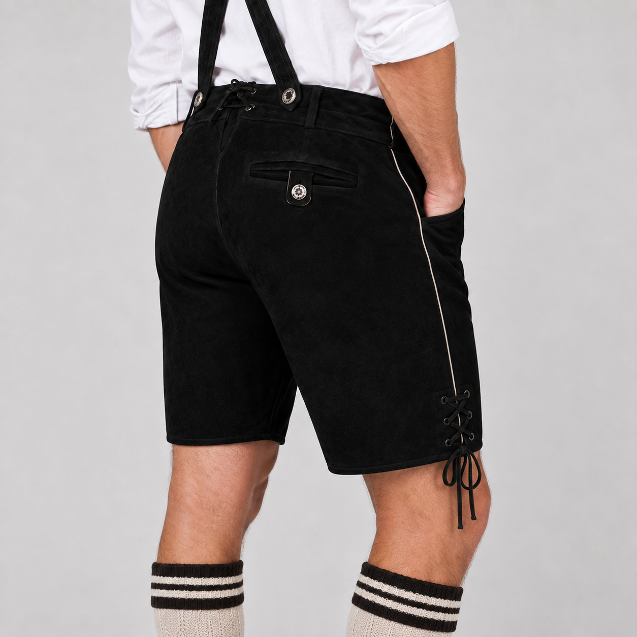 Edelweiss Embroidered Men's Bavarian Lederhosen - Black - Side Lacing - image 8