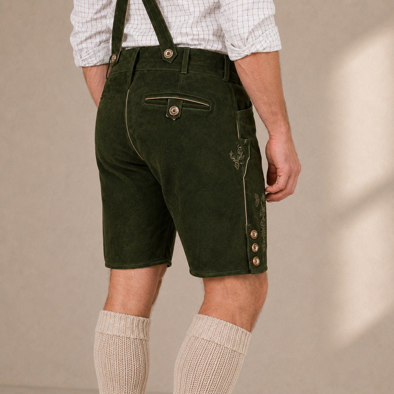 Stag Embroidered Men's Bavarian Lederhosen - Green - Side Buttons - image 8
