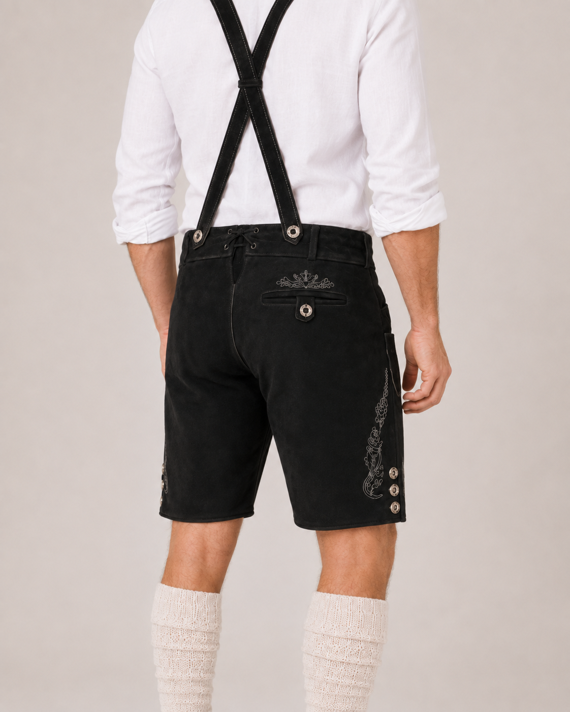 Oak Leaf Embroidered Men's Bavarian Lederhosen - Black - Side Buttons - image 8