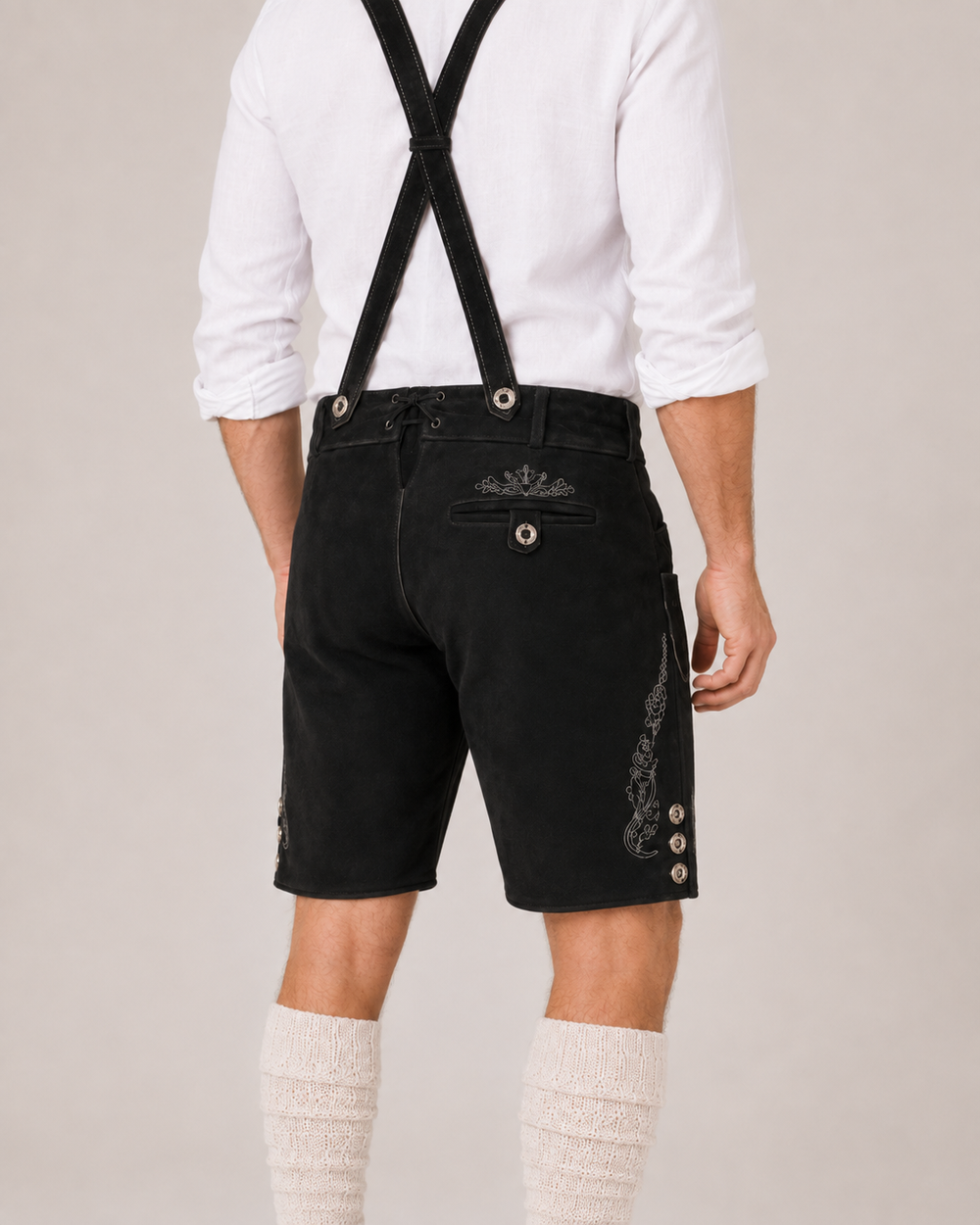 Oak Leaf Embroidered Men's Bavarian Lederhosen - Black - Side Buttons - image 8