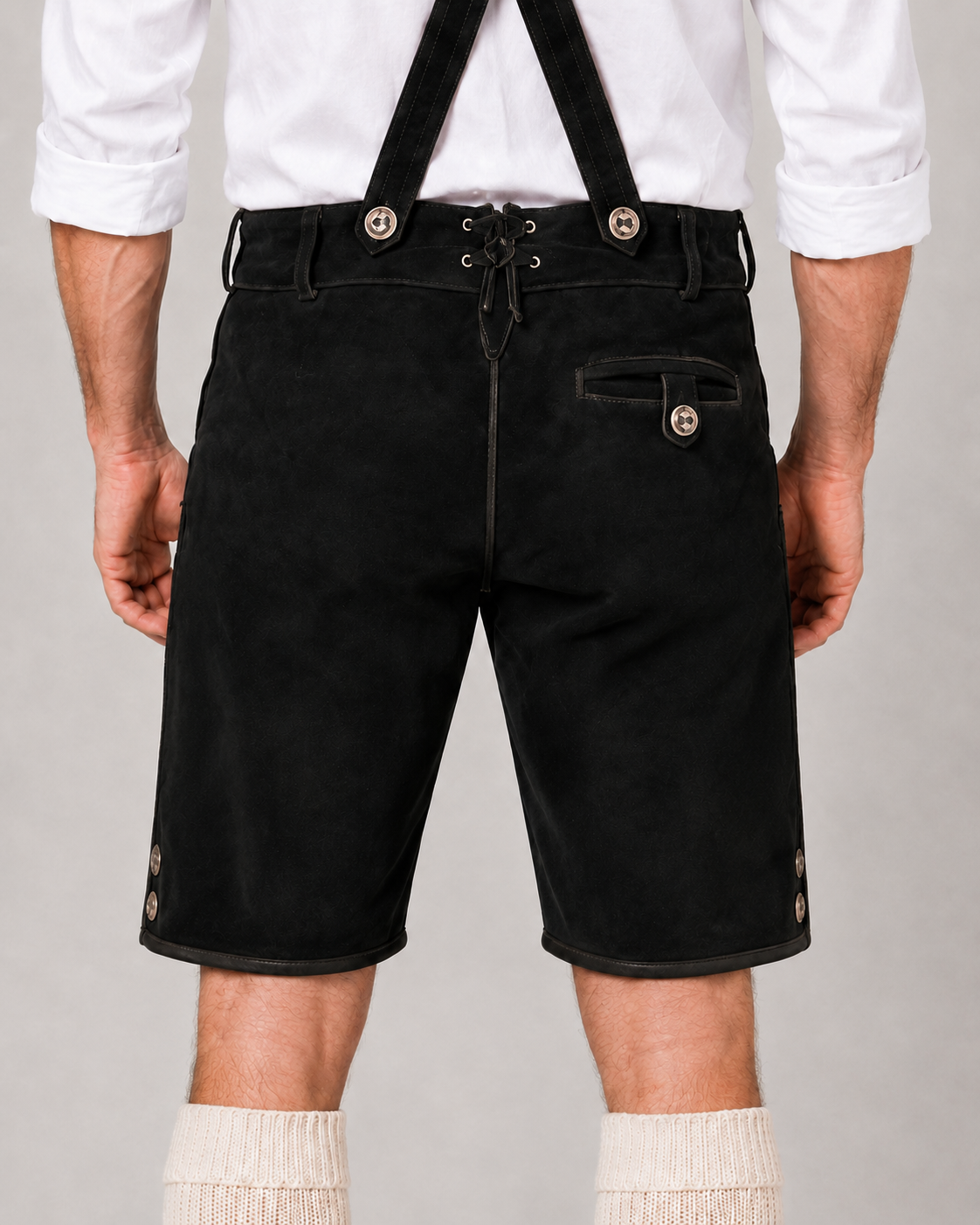 Edelweiss Embroidered Men's Bavarian Lederhosen - Black - Side Buttons
