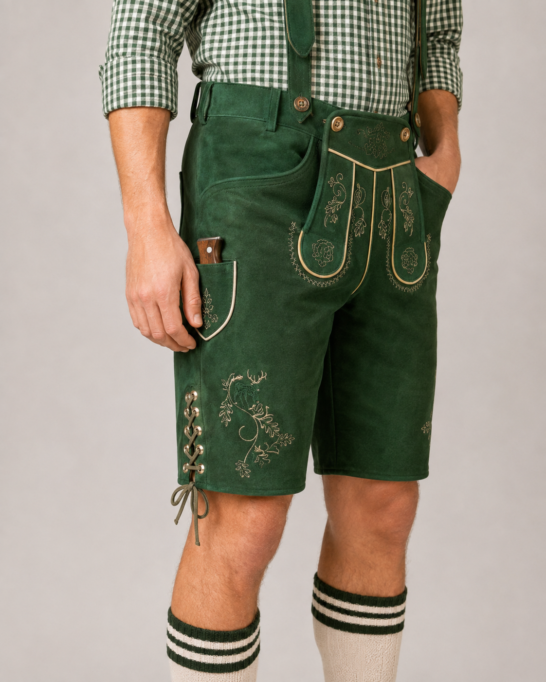 Edelweiss Embroidered Men's Bavarian Lederhosen - Green - Side Lacing - image 8