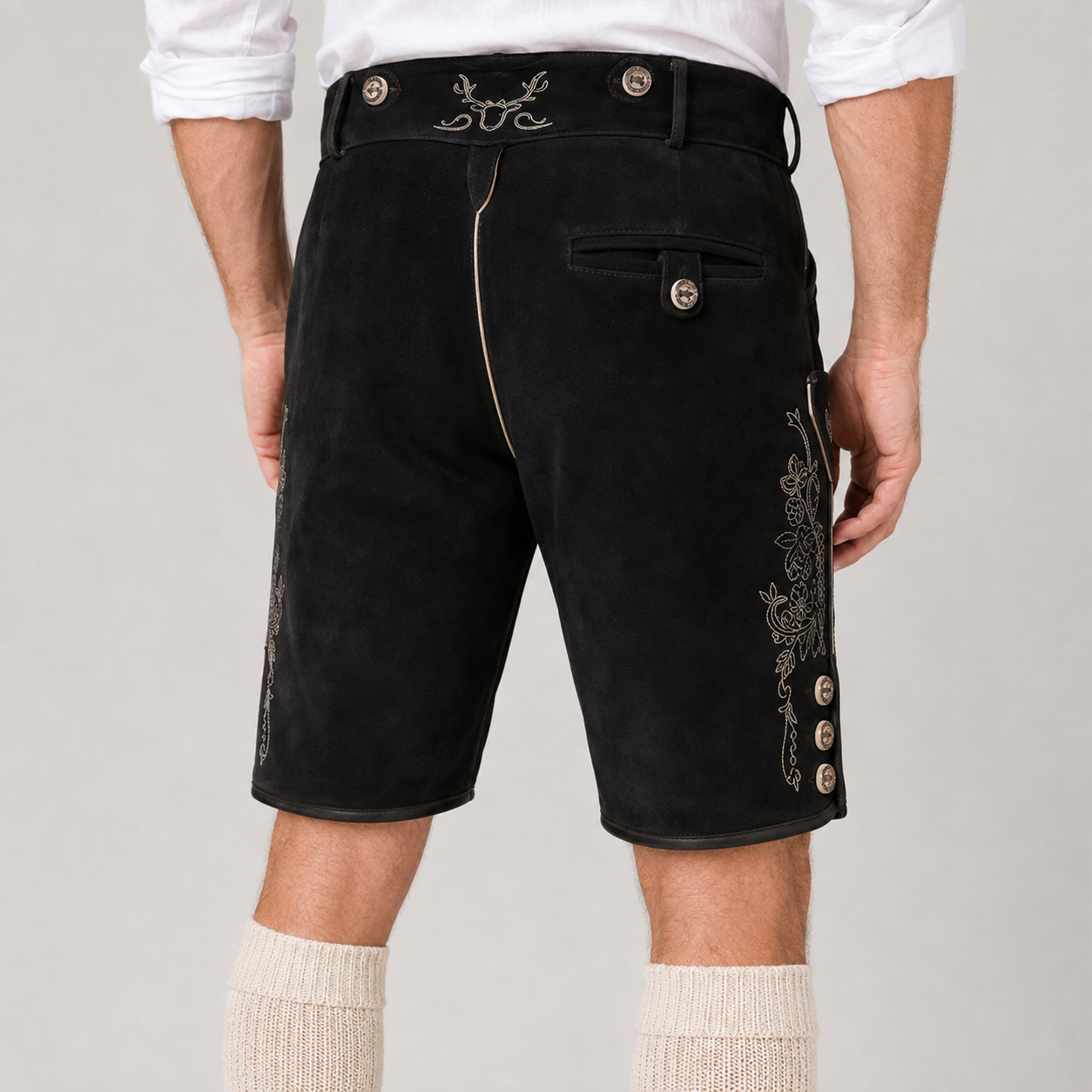 Edelweiss Embroidered Men's Bavarian Lederhosen - Black - Side Buttons - image 8